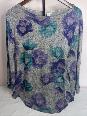 croft & barrow Gray Knit Top with Teal and Purple Floral Accents
